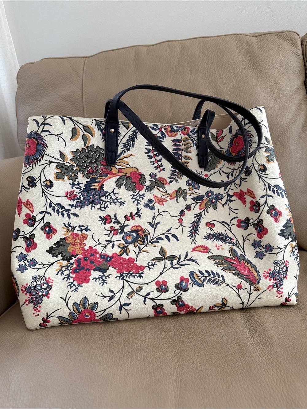 Tory Burch Floral Print Tote Bag with Navy Handles - Cream & Multicolor - Picture 5 of 15